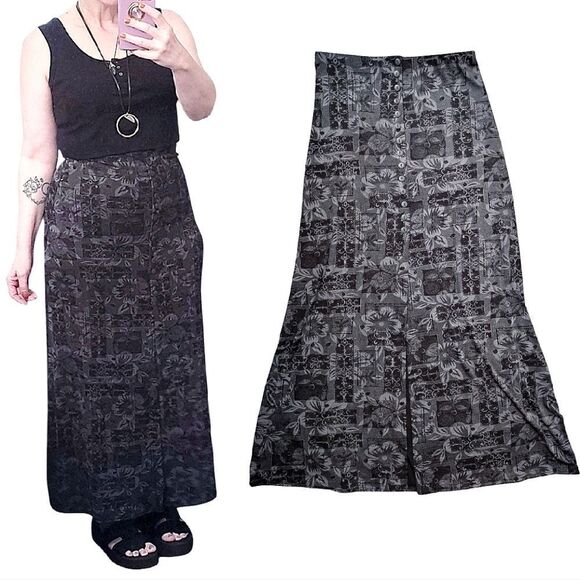 VTG 90s Black Fairy Grunge Button Slit Front Pull On Maxi Skirt Medium - Picture 5 of 13
